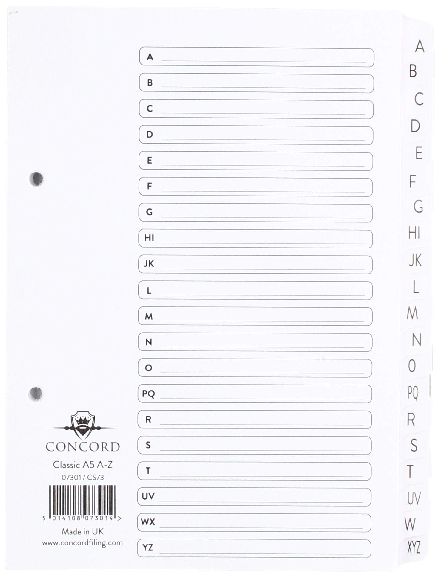 Concord Classic Index Mylar-reinforced Punched 2 Holes A-Z 20-Part A5 White Ref 07301/CS73