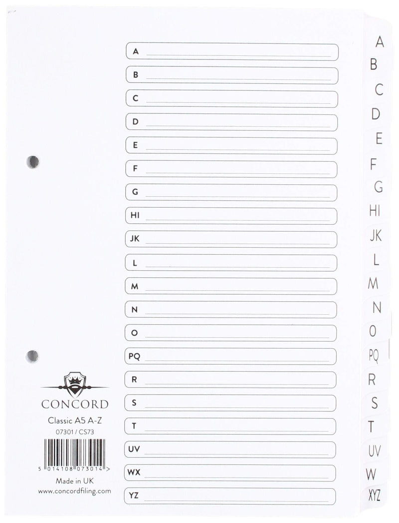 Concord Classic Index Mylar-reinforced Punched 2 Holes A-Z 20-Part A5 White Ref 07301/CS73