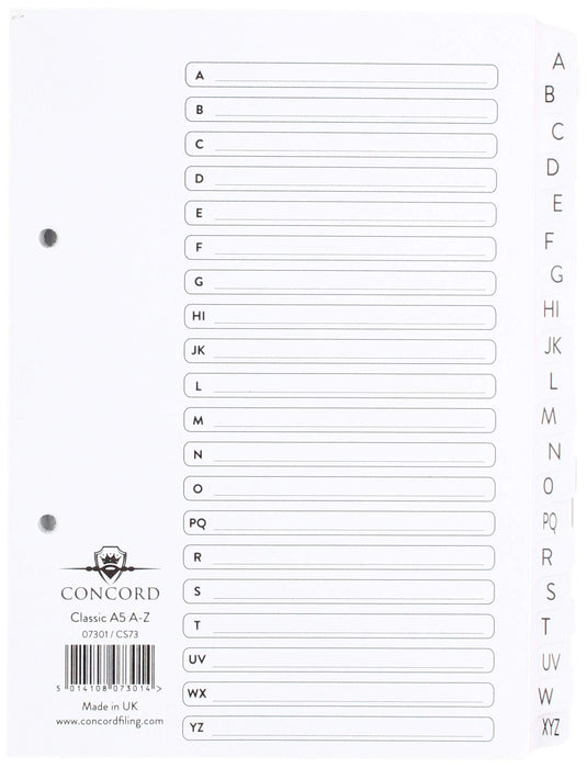 Concord Classic Index Mylar-reinforced Punched 2 Holes A-Z 20-Part A5 White Ref 07301/CS73 1 1