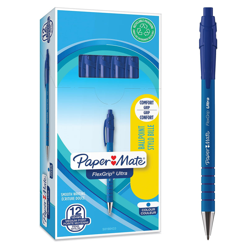 Paper Mate Flexgrip Ultra Retractable Ballpoint Pens | Medium Point (1.0mm) | Blue | 12 Count