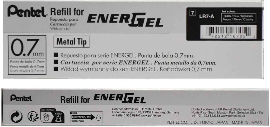 Refill Ink for BL57/BL77 EnerGel Liquid Gel Pen, Box of 12, 0.7mm, Metal Tip, Black Ink (LR7-A-12