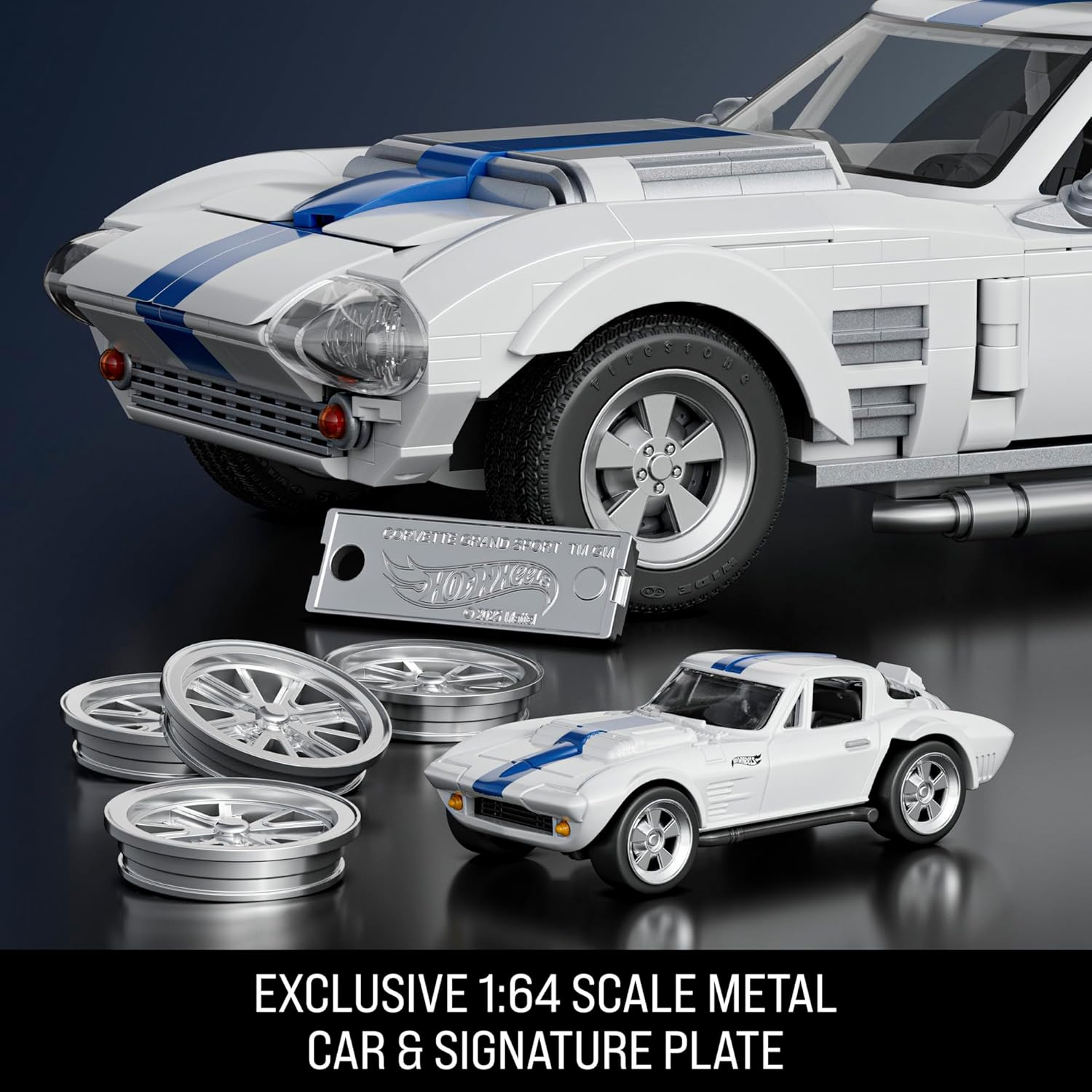 Mattel Brick Shop Hot Wheels Elite Series Corvette Grand Sport Building Set, 918 Pieces, Realistic Details, Custom Decals, Includes Metal Car, Father’s Day Gift, Adult Collectors, Kids Ages 10+,JGR31