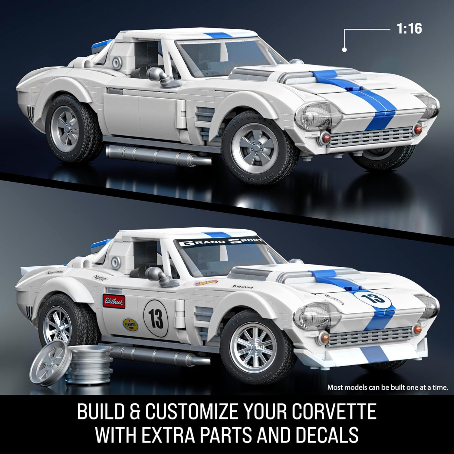 Mattel Brick Shop Hot Wheels Elite Series Corvette Grand Sport Building Set, 918 Pieces, Realistic Details, Custom Decals, Includes Metal Car, Father’s Day Gift, Adult Collectors, Kids Ages 10+,JGR31