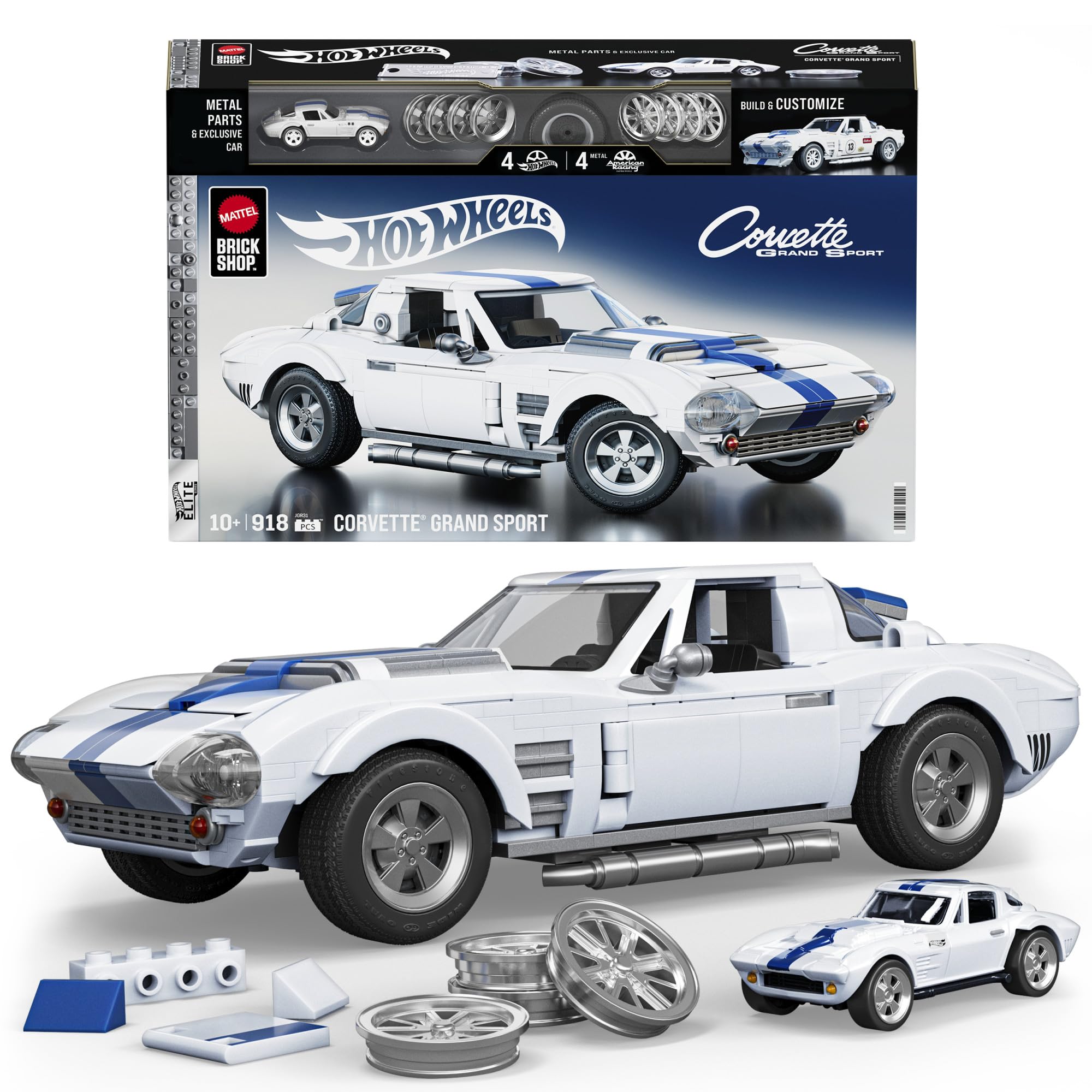 Mattel Brick Shop Hot Wheels Elite Series Corvette Grand Sport Building Set, 918 Pieces, Realistic Details, Custom Decals, Includes Metal Car, Father’s Day Gift, Adult Collectors, Kids Ages 10+,JGR31