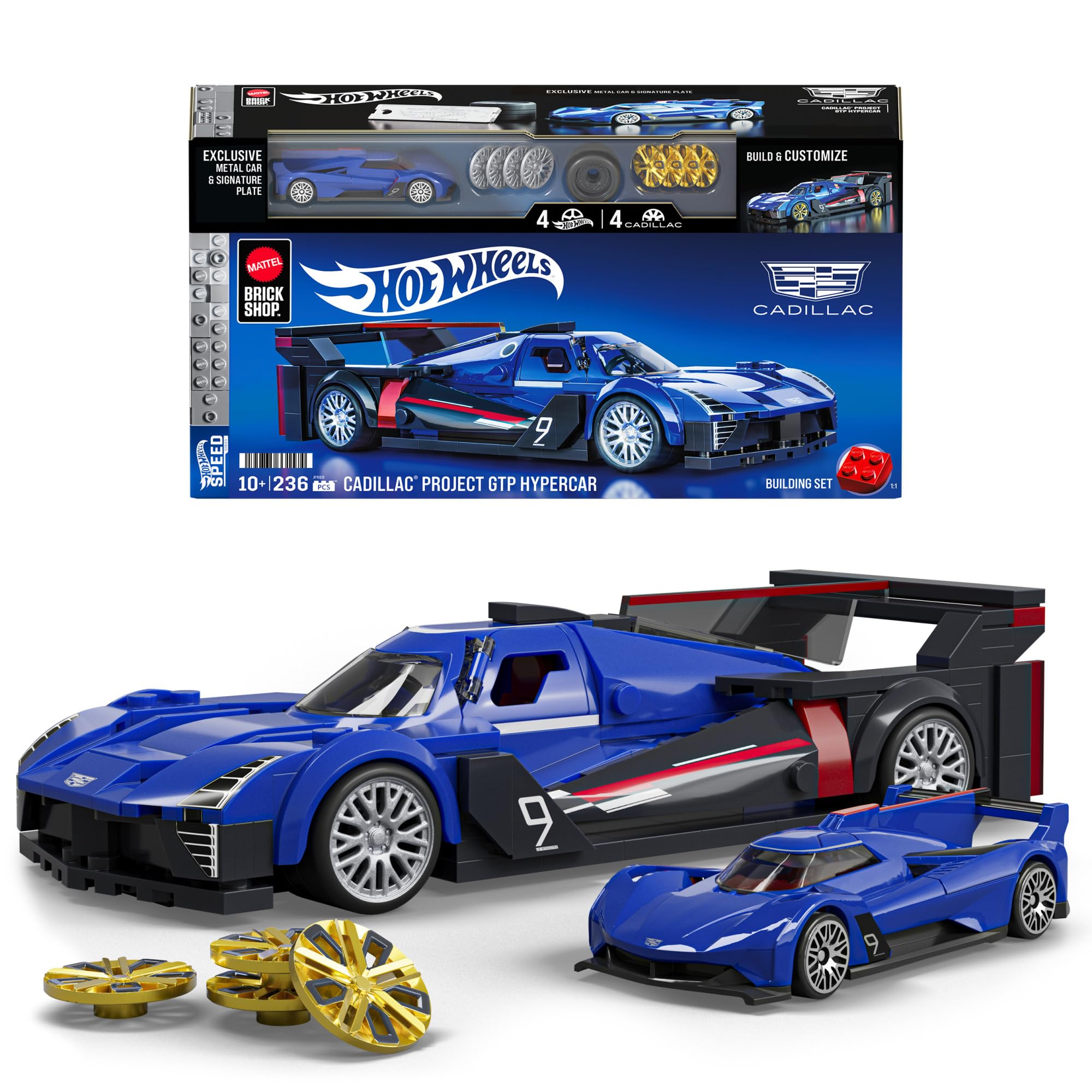 Mattel Brick Shop Hot Wheels Cadillac Project GTP Hypercar , 236 piezas, detalles realistas y pegatinas para personalizarlo, para adultos coleccionistas y niños y niñas a partir de 10 años, JFR89