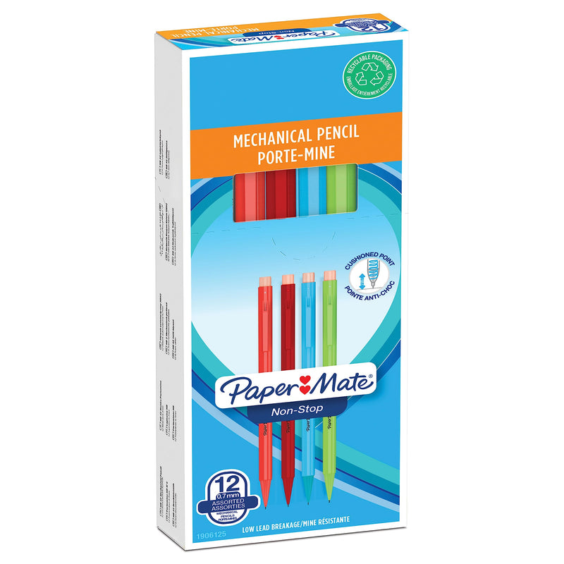 Paper Mate Non-Stop Mechanical Pencil | 0.7mm | HB #2 | Assorted Neon Barrel Colours | 12 Count