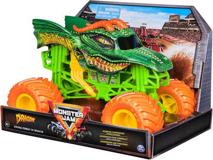 Monster Jam Series 23 Oversized Official Dragon Orange Wheels Monster Truck, Collector Die-Cast Vehicle, 1:24 Scale, Kids Toys for Boys Ages 3 and up