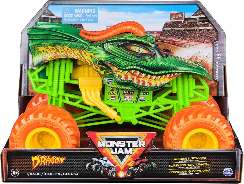 Monster Jam Series 23 Oversized Official Dragon Orange Wheels Monster Truck, Collector Die-Cast Vehicle, 1:24 Scale, Kids Toys for Boys Ages 3 and up