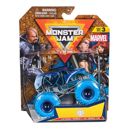 Monster Jam Marvel Series 3 Shield Truck Monster Truck, 1:64 Scale, Die-Cast Vehicle with Blue Tires, Spin Master Collectible