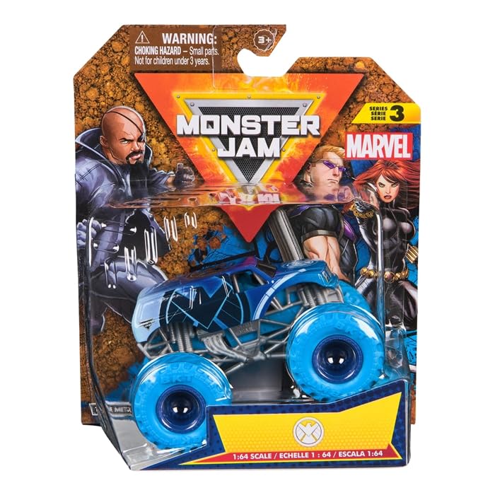 Monster Jam Marvel Series 3 Shield Truck Monster Truck, 1:64 Scale, Die-Cast Vehicle with Blue Tires, Spin Master Collectible