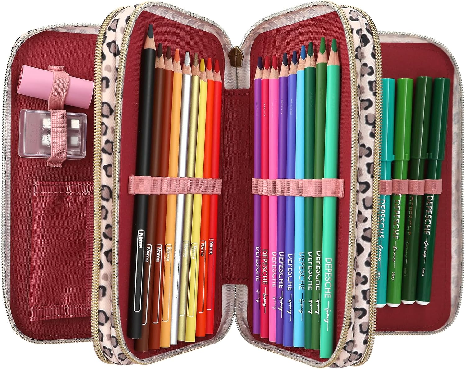 Depesche 13640 TOPModel Leoheart - Filled 3-Compartment Pencil Case in Pink with Model Motif and Bows, Pencil Case with Coloured Pencils, Scissors, Ruler and Much More