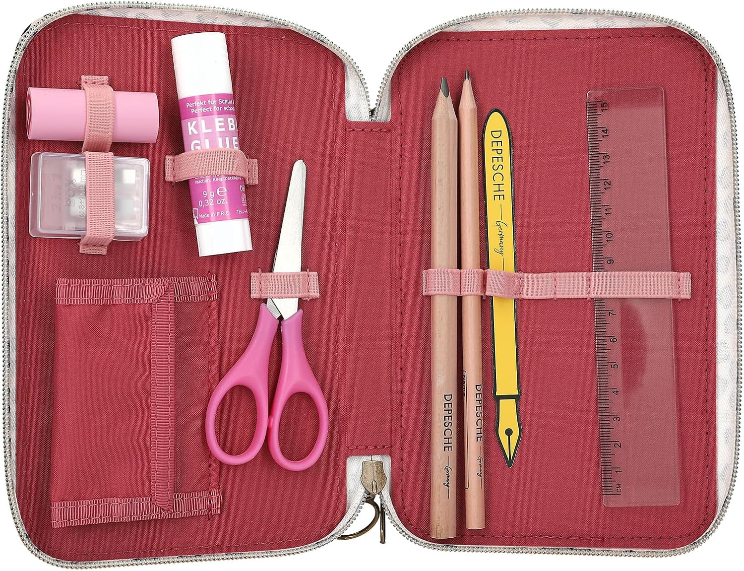 Depesche 13640 TOPModel Leoheart - Filled 3-Compartment Pencil Case in Pink with Model Motif and Bows, Pencil Case with Coloured Pencils, Scissors, Ruler and Much More