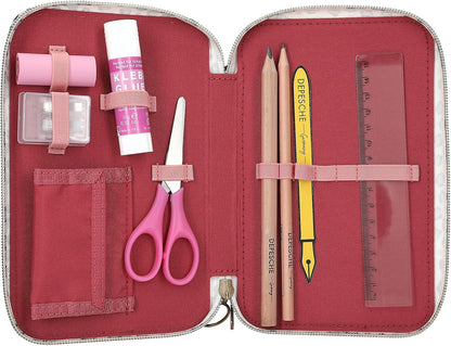 Depesche 13640 TOPModel Leoheart - Filled 3-Compartment Pencil Case in Pink with Model Motif and Bows, Pencil Case with Coloured Pencils, Scissors, Ruler and Much More