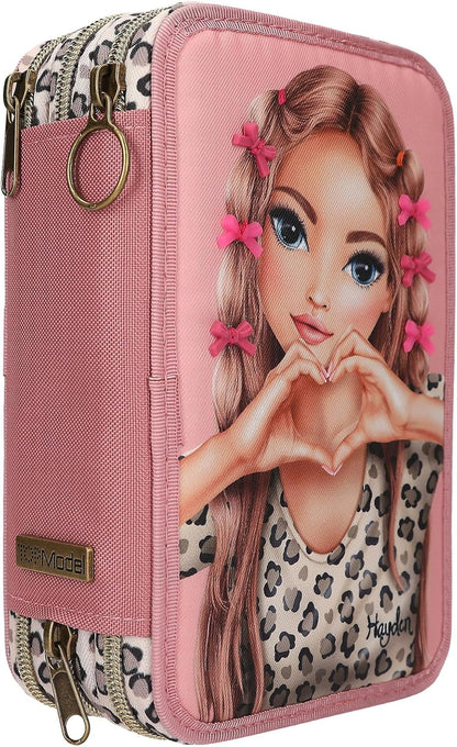 Depesche 13640 TOPModel Leoheart - Filled 3-Compartment Pencil Case in Pink with Model Motif and Bows, Pencil Case with Coloured Pencils, Scissors, Ruler and Much More