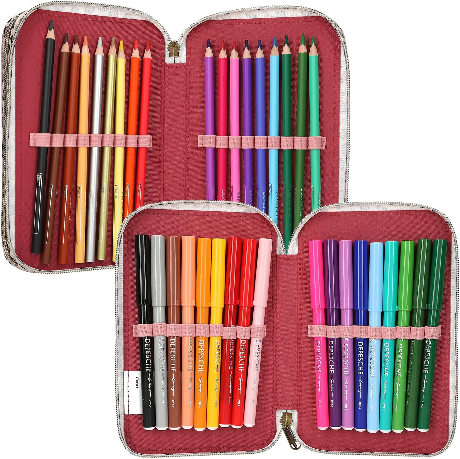 Depesche 13640 TOPModel Leoheart - Filled 3-Compartment Pencil Case in Pink with Model Motif and Bows, Pencil Case with Coloured Pencils, Scissors, Ruler and Much More