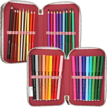 Depesche 13640 TOPModel Leoheart - Filled 3-Compartment Pencil Case in Pink with Model Motif and Bows, Pencil Case with Coloured Pencils, Scissors, Ruler and Much More