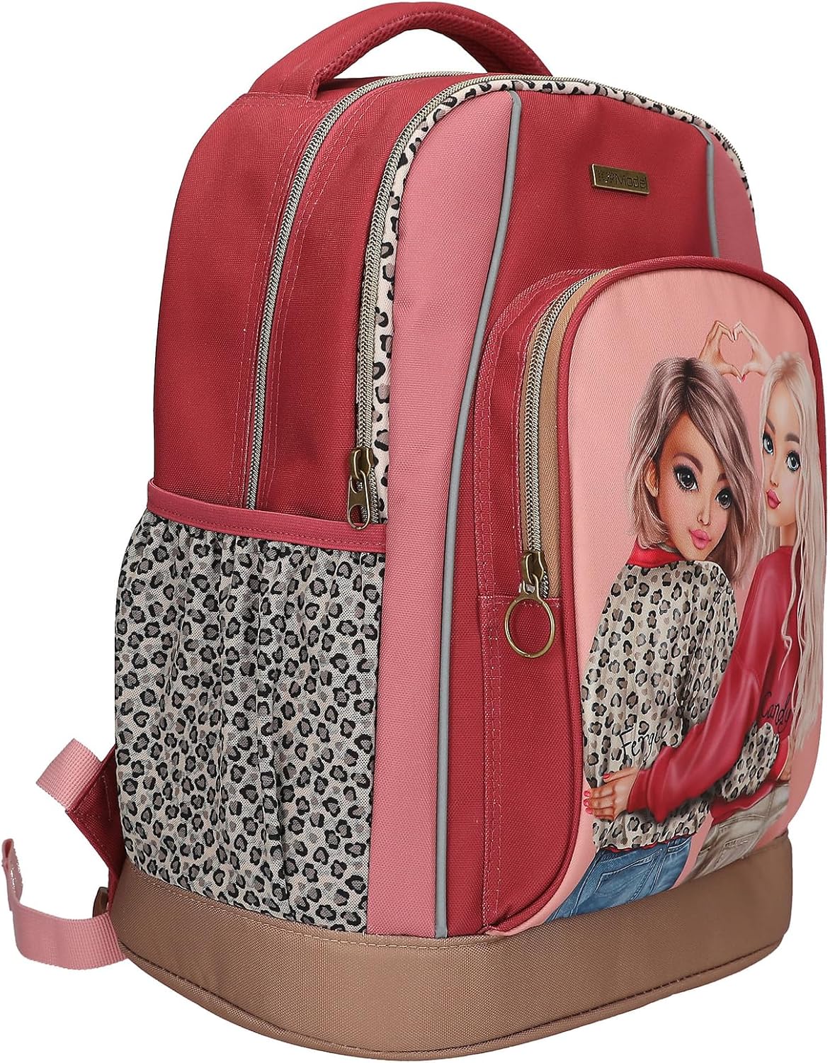 Depesche 13641 TOPModel Leoheart School Backpack in Red and Pink with Model Motif and Leo Print, School Bag with Adjustable Straps