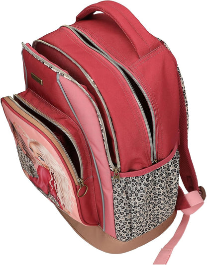 Depesche 13641 TOPModel Leoheart School Backpack in Red and Pink with Model Motif and Leo Print, School Bag with Adjustable Straps