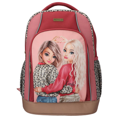 Depesche 13641 TOPModel Leoheart School Backpack in Red and Pink with Model Motif and Leo Print, School Bag with Adjustable Straps