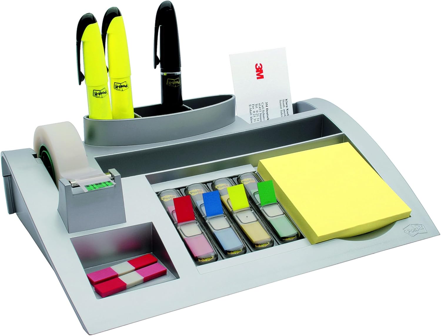 Post-it Desk Organizer, Silver Color - For Improved Workflow with Notes Index Tabs and Scotch Tape, 1x Organiser pre-loaded with stationery and supplies
