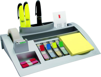 Post-it Desk Organizer, Silver Color - For Improved Workflow with Notes Index Tabs and Scotch Tape, 1x Organiser pre-loaded with stationery and supplies