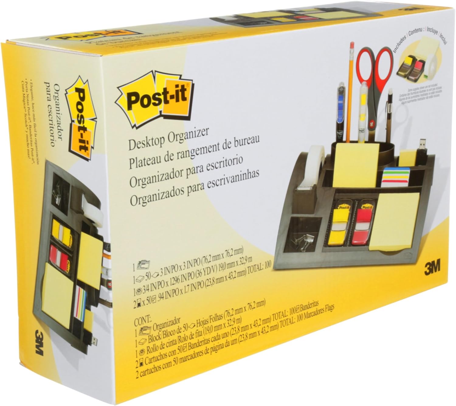 Post-it Desk Organizer, Silver Color - For Improved Workflow with Notes Index Tabs and Scotch Tape, 1x Organiser pre-loaded with stationery and supplies