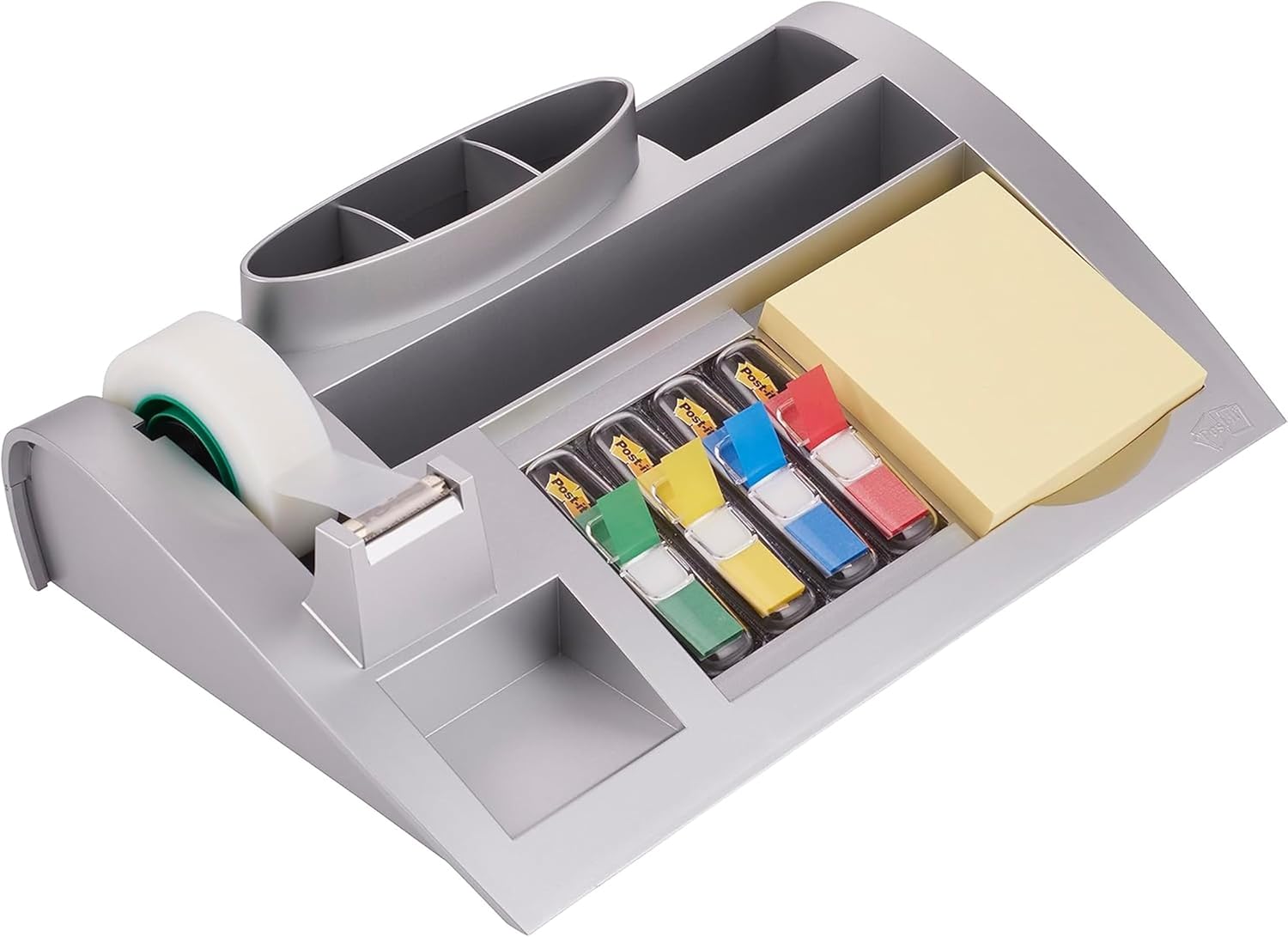 Post-it Desk Organizer, Silver Color - For Improved Workflow with Notes Index Tabs and Scotch Tape, 1x Organiser pre-loaded with stationery and supplies