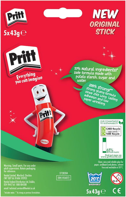 Pritt Glue Stick, Safe & Child-Friendly Craft Glue for Arts & Crafts Activities, Strong-Hold adhesive for School & Office Supplies, 43g (Pack of 5