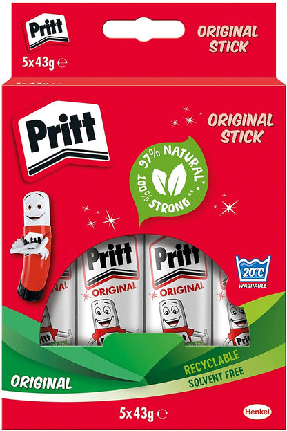 Pritt Glue Stick, Safe & Child-Friendly Craft Glue for Arts & Crafts Activities, Strong-Hold adhesive for School & Office Supplies, 43g (Pack of 5