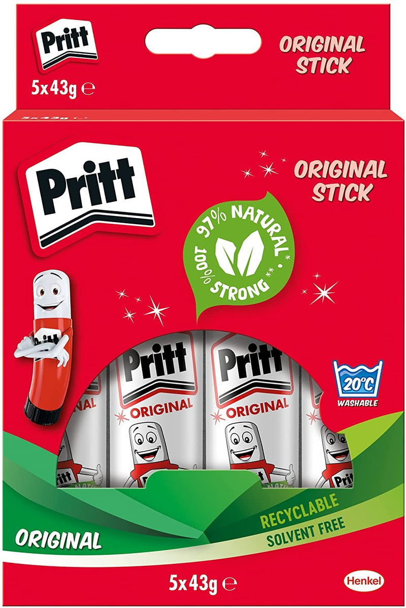 Pritt Glue Stick, Safe & Child-Friendly Craft Glue for Arts & Crafts Activities, Strong-Hold adhesive for School & Office Supplies, 43g (Pack of 5
