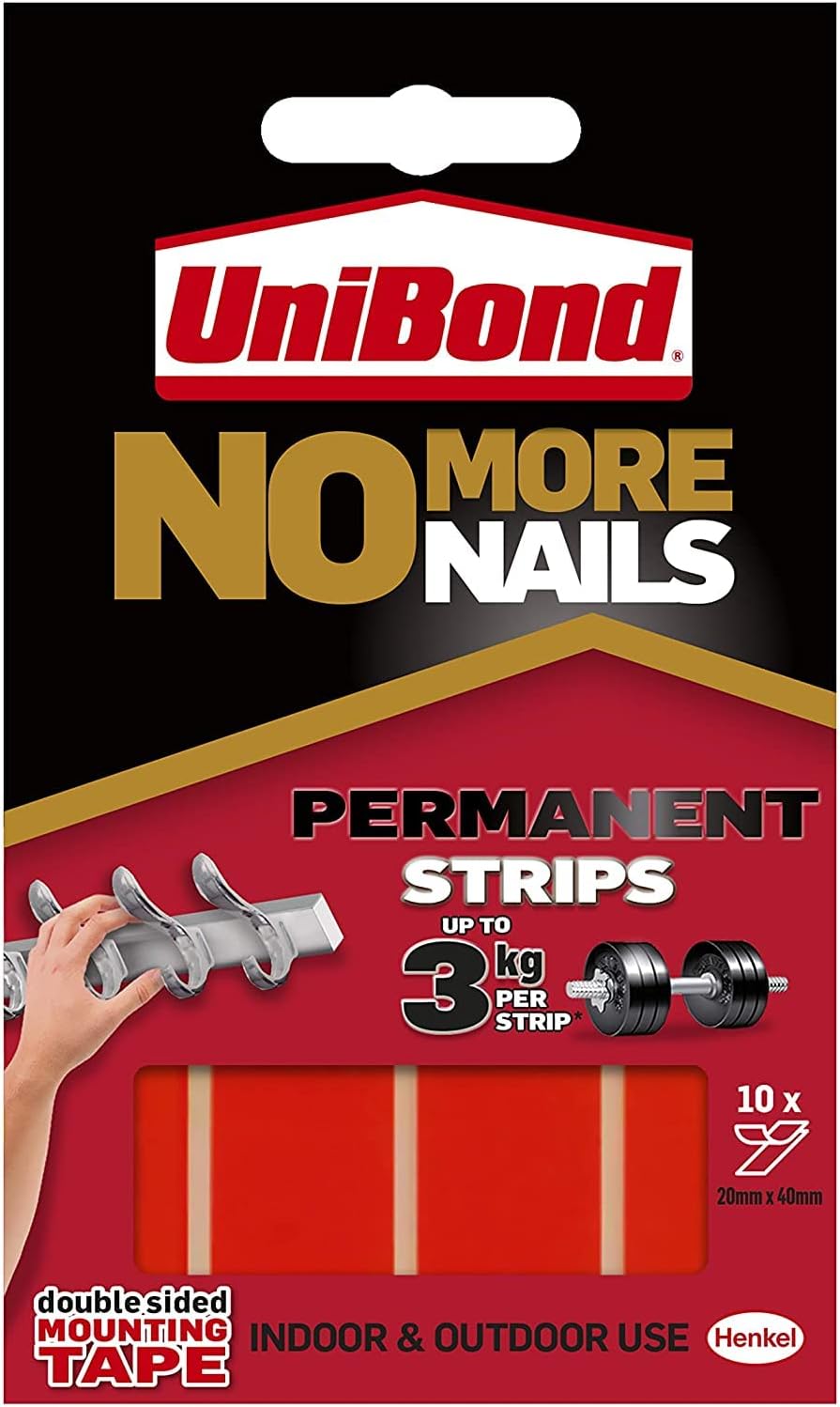Unibond No More Nails Permanent Strips, Adhesive Strips for Fast & Easy Mounting, Pack of 10, 1 & 1426052 No More Nails Original, Heavy-Duty Mounting Adhesive, 1 x 365g Cartridge