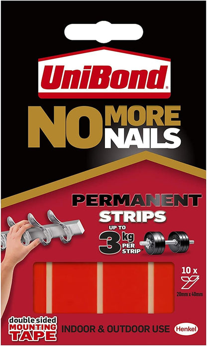 Unibond No More Nails Permanent Strips, Adhesive Strips for Fast & Easy Mounting, Pack of 10, 1 & 1426052 No More Nails Original, Heavy-Duty Mounting Adhesive, 1 x 365g Cartridge