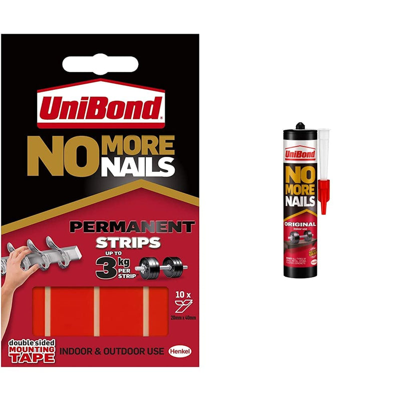Unibond No More Nails Permanent Strips, Adhesive Strips for Fast & Easy Mounting, Pack of 10, 1 & 1426052 No More Nails Original, Heavy-Duty Mounting Adhesive, 1 x 365g Cartridge
