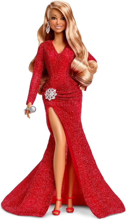 Barbie Mariah Carey Muñeca de Celebración de Navidad, Vestido Rojo Brillante y Accesorios Plateados, micrófono, Signature Colección para Adultos y niñas y niños, HJX17
