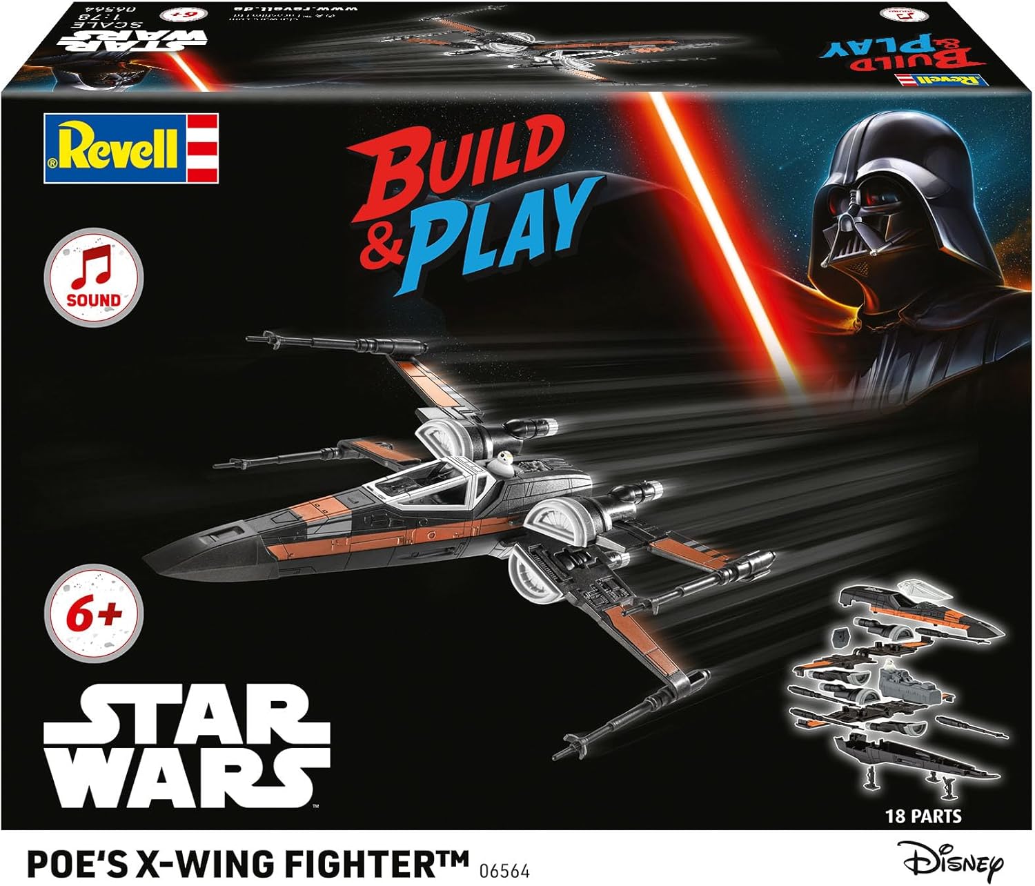 Revell 06564 Build & Play: Star Wars Poe's X-Wing Fighter - With Authentic Sounds - 1:78 Scale Unbuilt Pre-coloured Click-Together Toy - 18 Parts - From 6 Years+