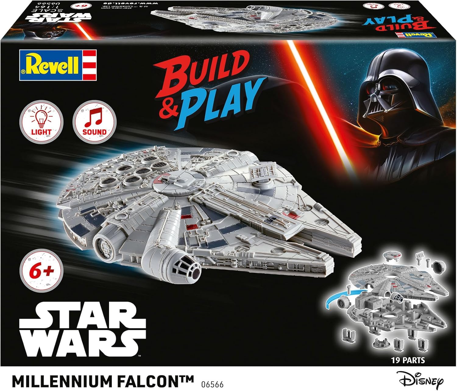 Revell 06566 Build & Play: Star Wars Millennium Falcon - With Authentic Lights & Sounds - 1:164 Scale Unbuilt Pre-coloured Click-Together Toy - 18 Parts - From 6 Years+
