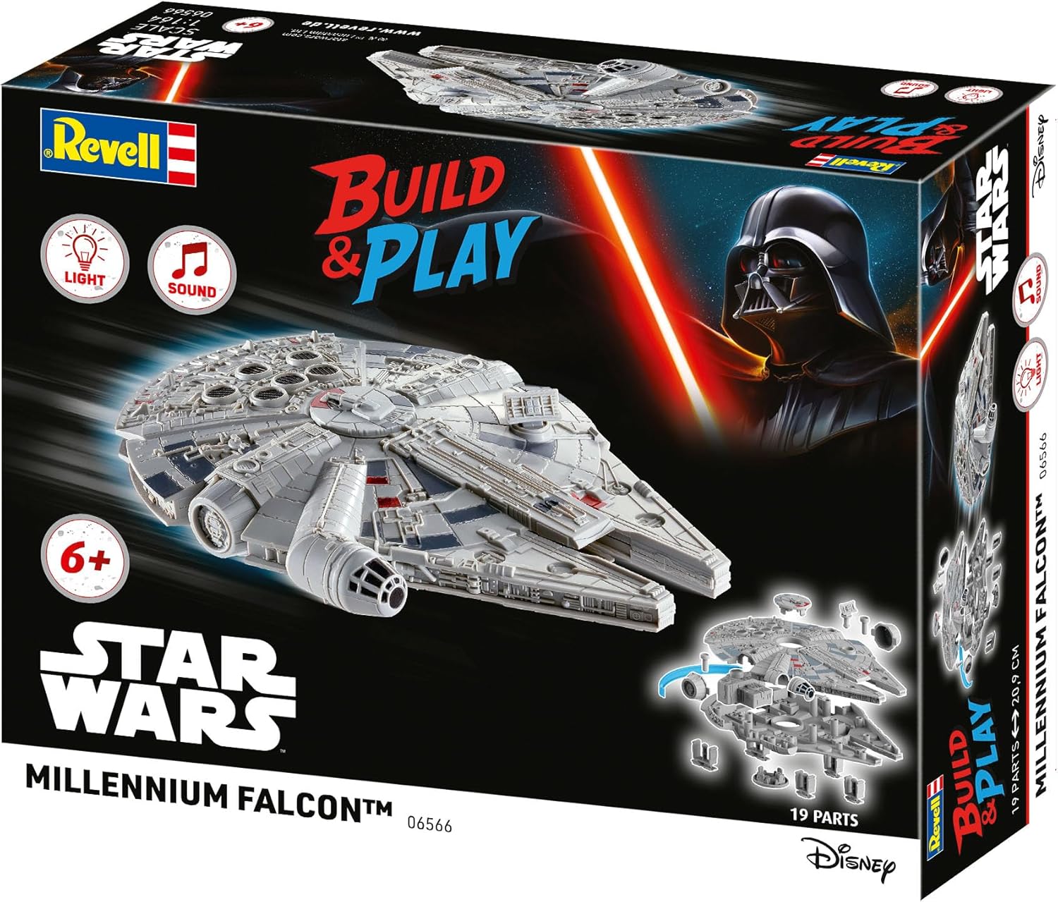 Revell 06566 Build & Play: Star Wars Millennium Falcon - With Authentic Lights & Sounds - 1:164 Scale Unbuilt Pre-coloured Click-Together Toy - 18 Parts - From 6 Years+