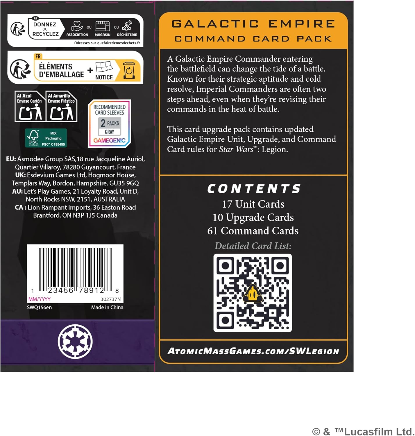 Asmodee | Star Wars: Legion - Galactic Empire Command Card Pack | Board Game | Ages 14+ | 2 Players | 90+ Minutes Playing Time