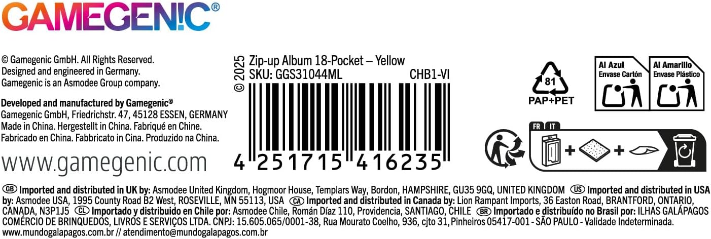 Gamegenic | Zip-Up Album 18-Pocket - Yellow | Trading Card Game Accessory
