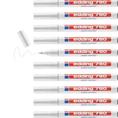 edding 780 paint marker - white - 10 pens - round tip 0.8 mm - paint marker for marking and labelling metal, glass, rocks or plastic - heat-resistant, permanent, smudge-proof and waterproof