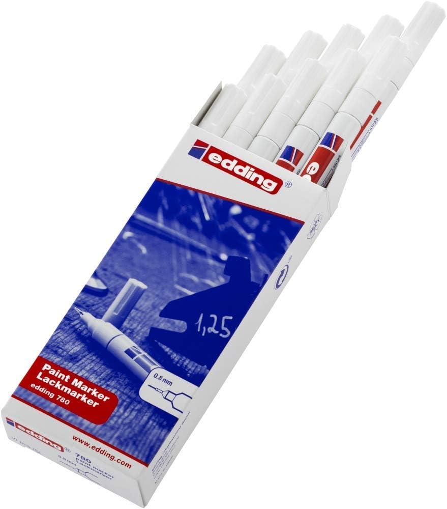 edding 780 paint marker - white - 10 pens - round tip 0.8 mm - paint marker for marking and labelling metal, glass, rocks or plastic - heat-resistant, permanent, smudge-proof and waterproof