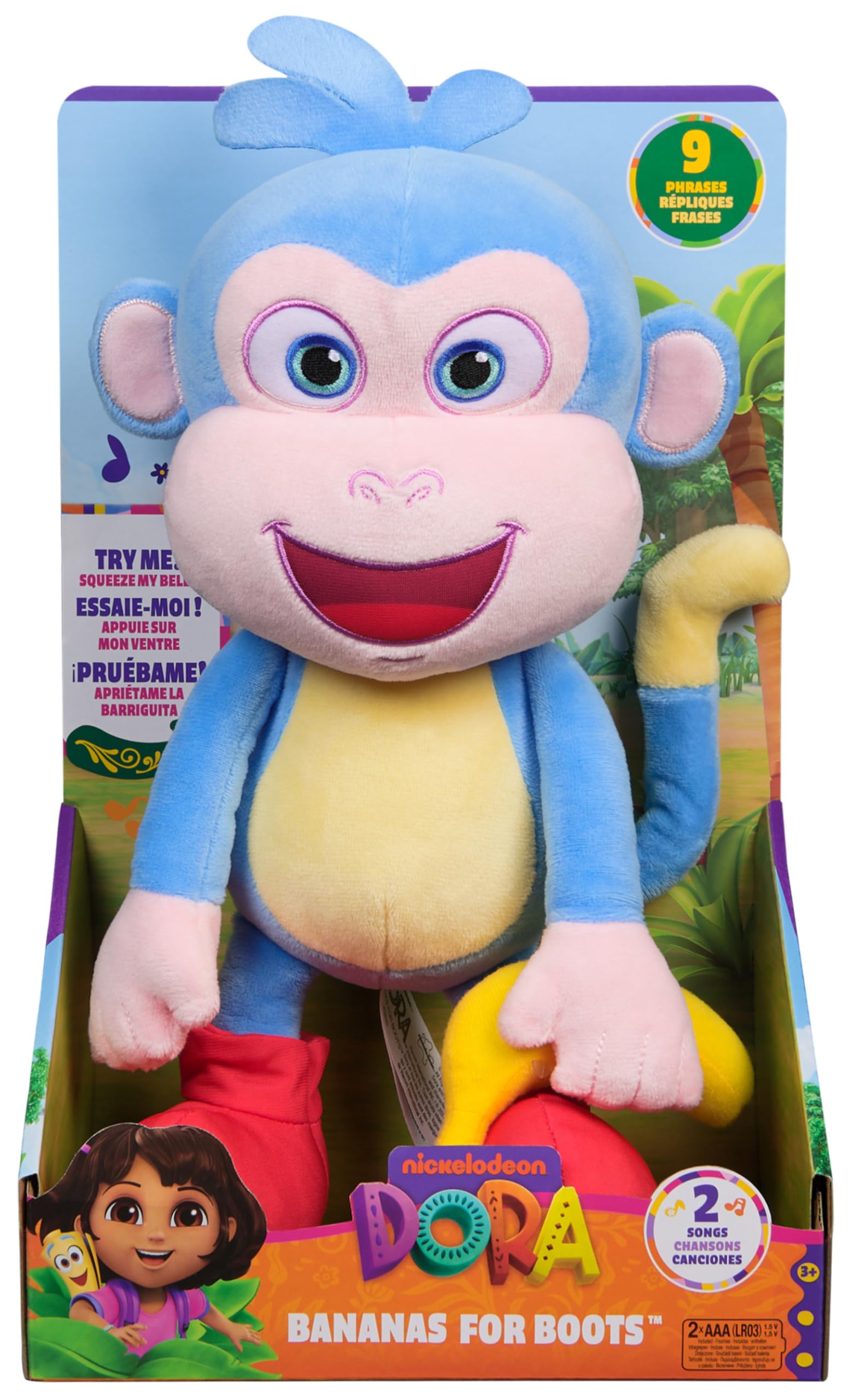 DORA Nickelodeon Official Bananas for Boots Stuffed Animal, Educational Toys, Interactive Plush Toys, Stuffed Monkey for Age 3 and Up, 33 cm, Blue