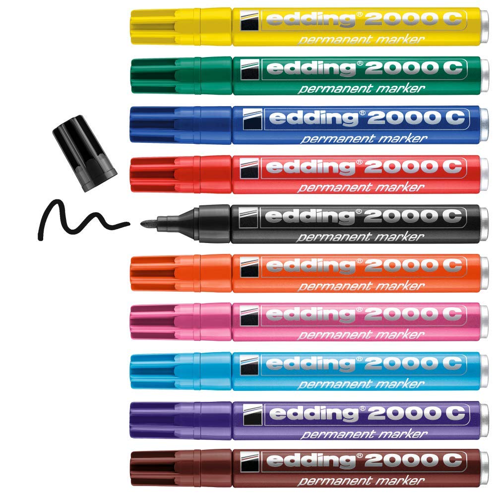 edding 2000 C permanent marker - multi-coloured - box of 10 - round nib 1.5-3 mm - quick-drying permanent markers - waterproof, smudge-proof - for cardboard, plastic, wood, metal, fabric - marker pen