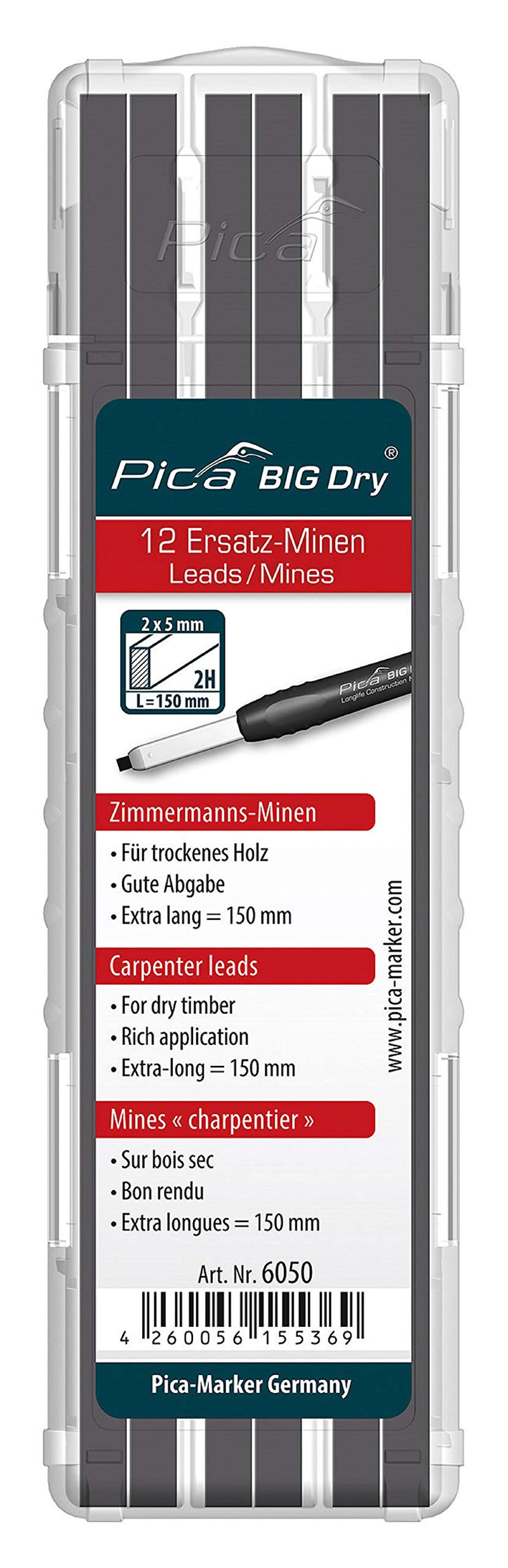 Pica BIG DRY Pen Pack of 12 Pencil Refills Carpenters Graphite 2H 6050