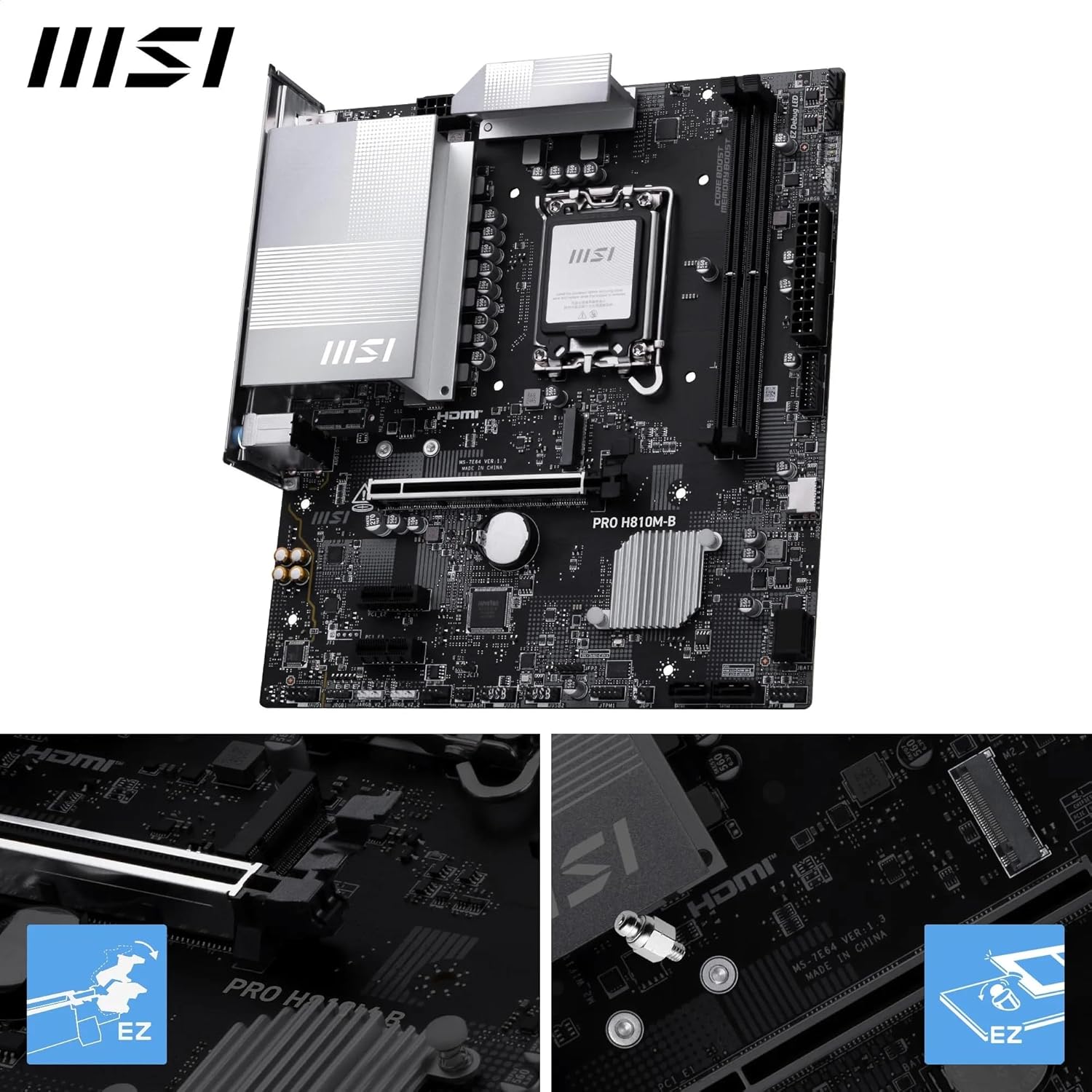 MSI PRO H810M-B Motherboard, mATX - Supports Intel Core Ultra Processors (Series 2), LGA 1851 - DDR5 Memory Boost (6400 MT/s MAX), PCIe 5.0 x16, M.2 Gen4, 2.5G LAN