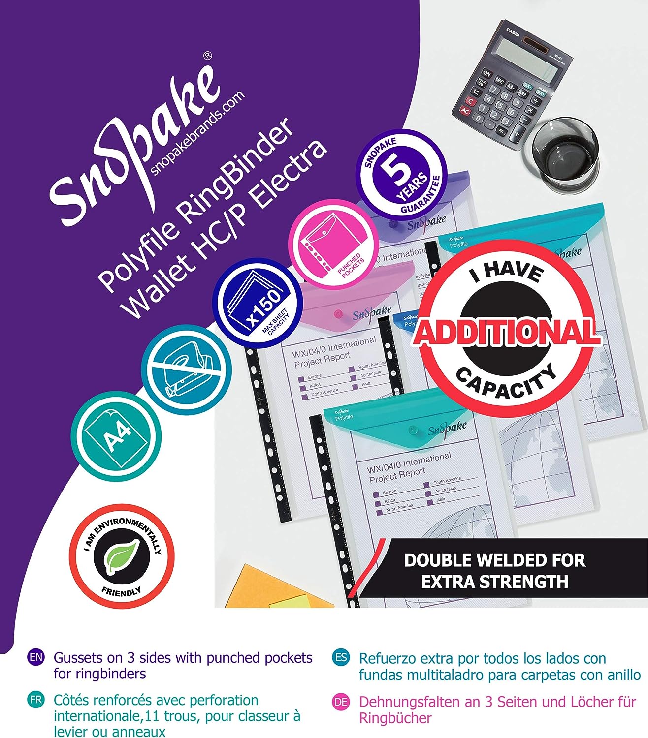 Snopake A4 High Capacity Polyfile RingBinder Popper Wallet, Portrait – Clear with Electra Assorted Flap  Ref: 15695