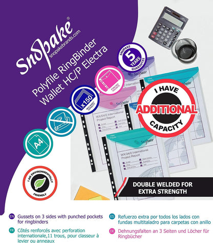 Snopake A4 High Capacity Polyfile RingBinder Popper Wallet, Portrait – Clear with Electra Assorted Flap  Ref: 15695