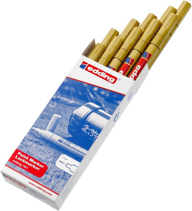 edding 751 paint marker - gold - 10 pens - round tip 1-2 mm - paint marker for marking and labelling metal, glass, rocks or plastic - heat-resistant, permanent, smudge-proof and waterproof