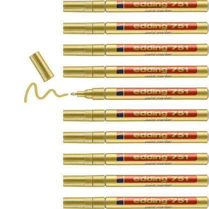 edding 751 paint marker - gold - 10 pens - round tip 1-2 mm - paint marker for marking and labelling metal, glass, rocks or plastic - heat-resistant, permanent, smudge-proof and waterproof