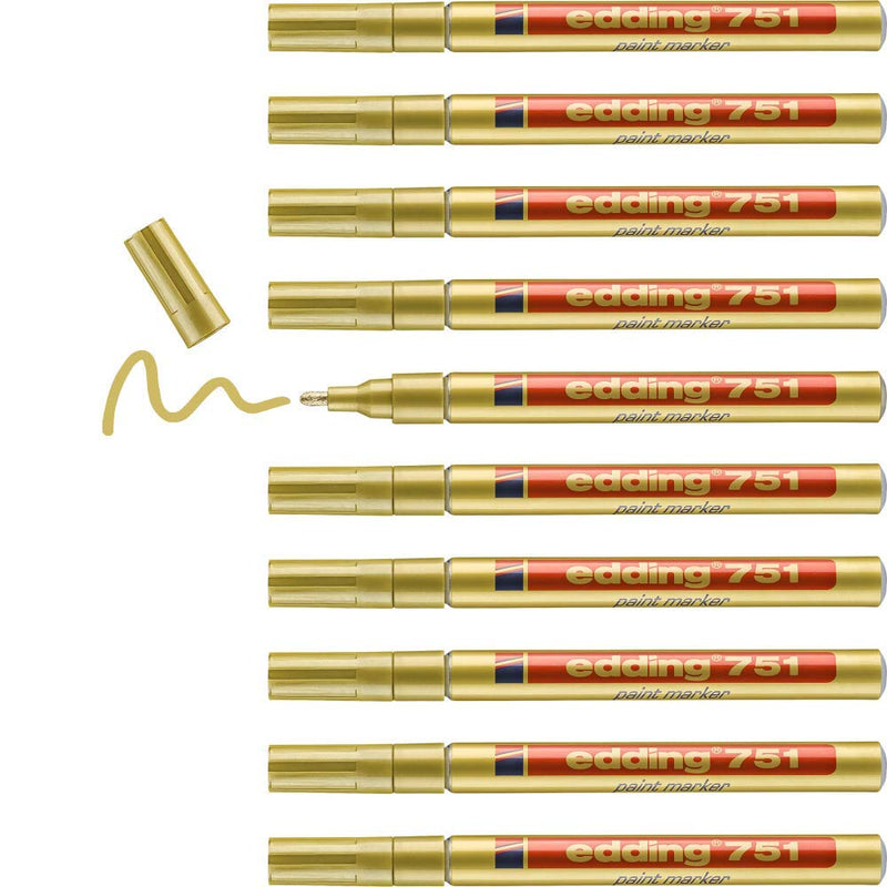 edding 751 paint marker - gold - 10 pens - round tip 1-2 mm - paint marker for marking and labelling metal, glass, rocks or plastic - heat-resistant, permanent, smudge-proof and waterproof